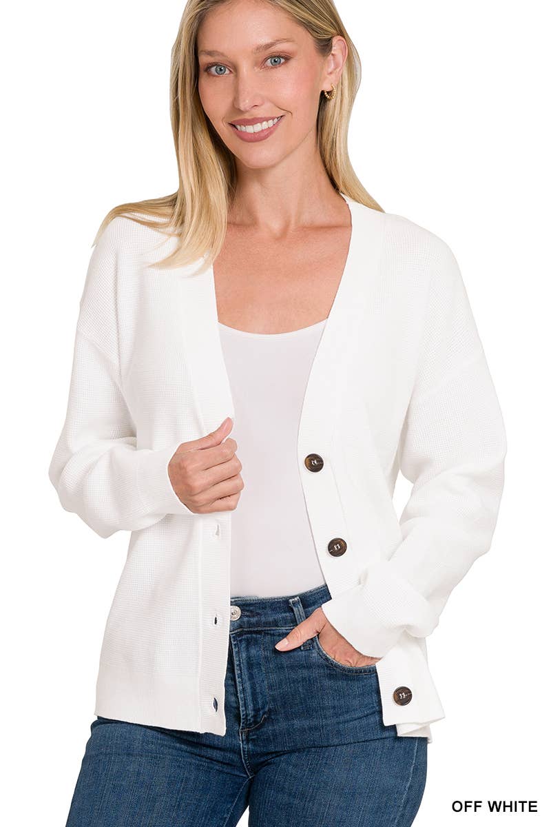 XL - Drop Shoulder Button Cardigan in Off White