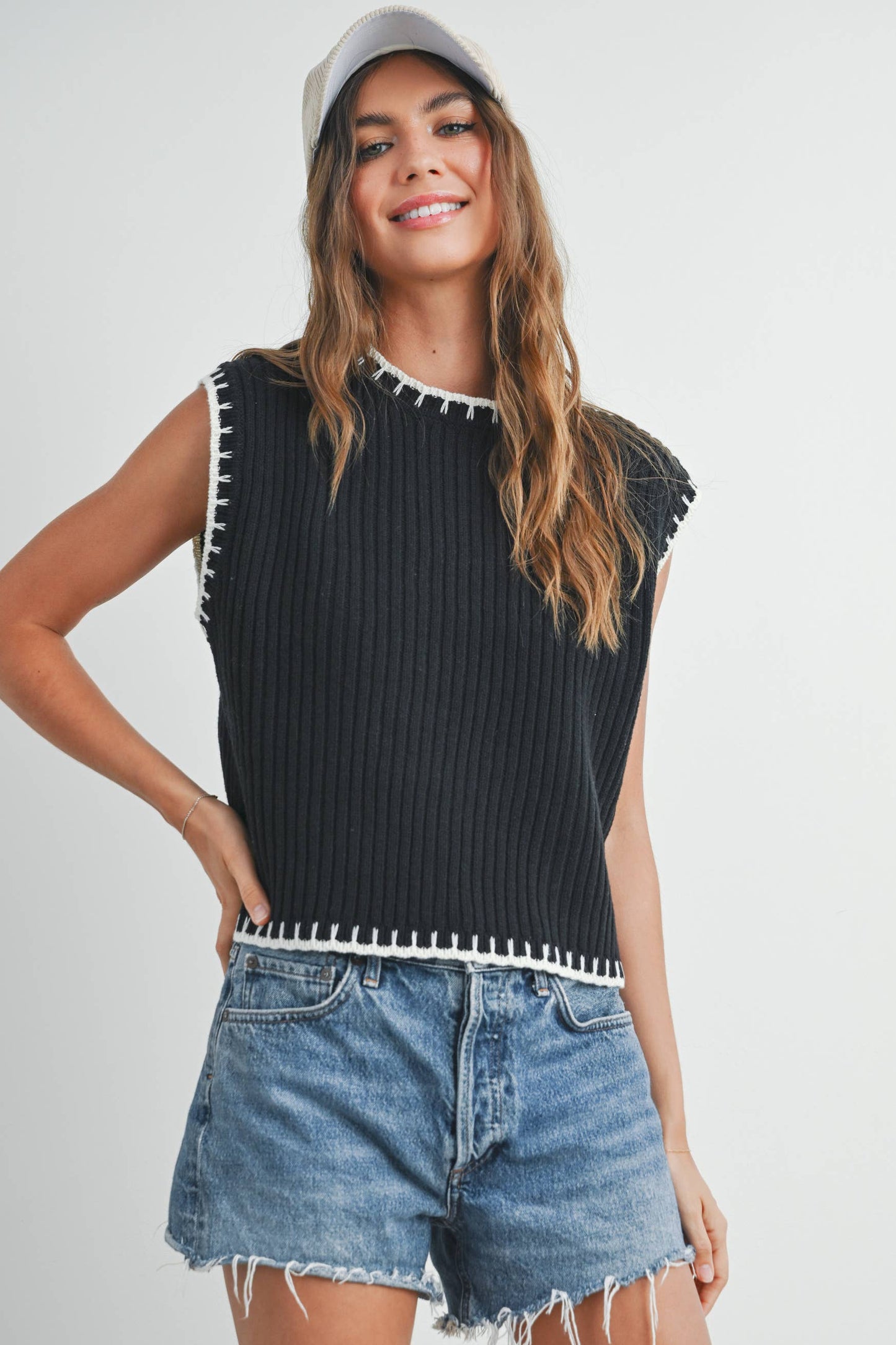 Solid Cap Sleeve Sweater Vest in Black