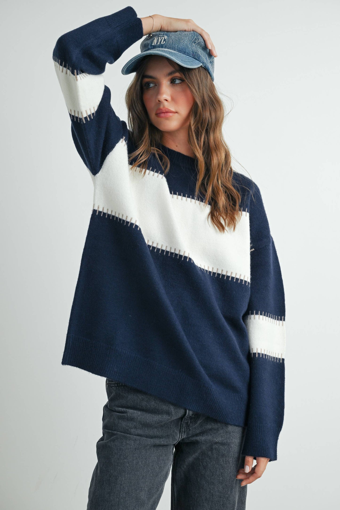 Colorblock Striped Sweater in Navy