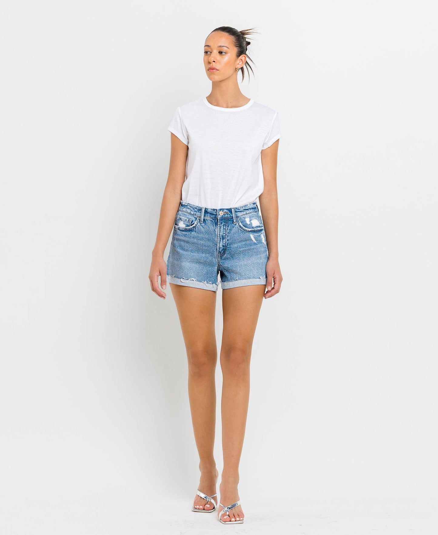High Rise Cuffed A Line Denim Shorts