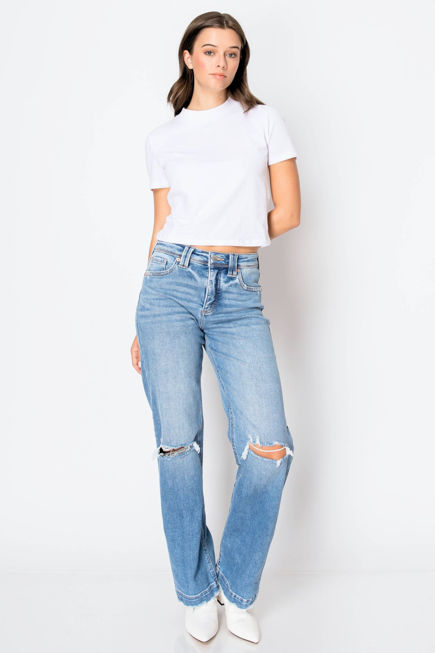 Tummy Control High Rise Relaxed Straight Denim in Medium Wash
