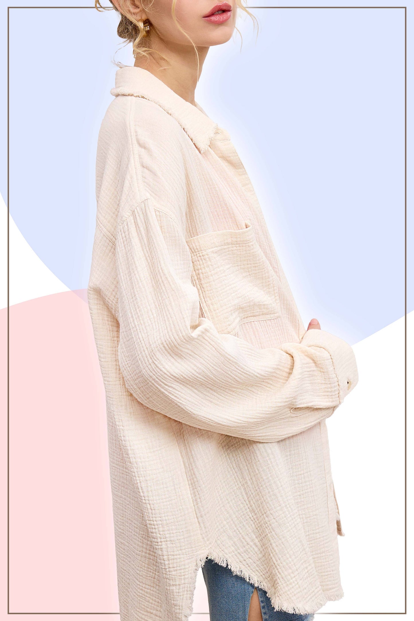 Crinkled Gauze Button Down Shirt in Cream