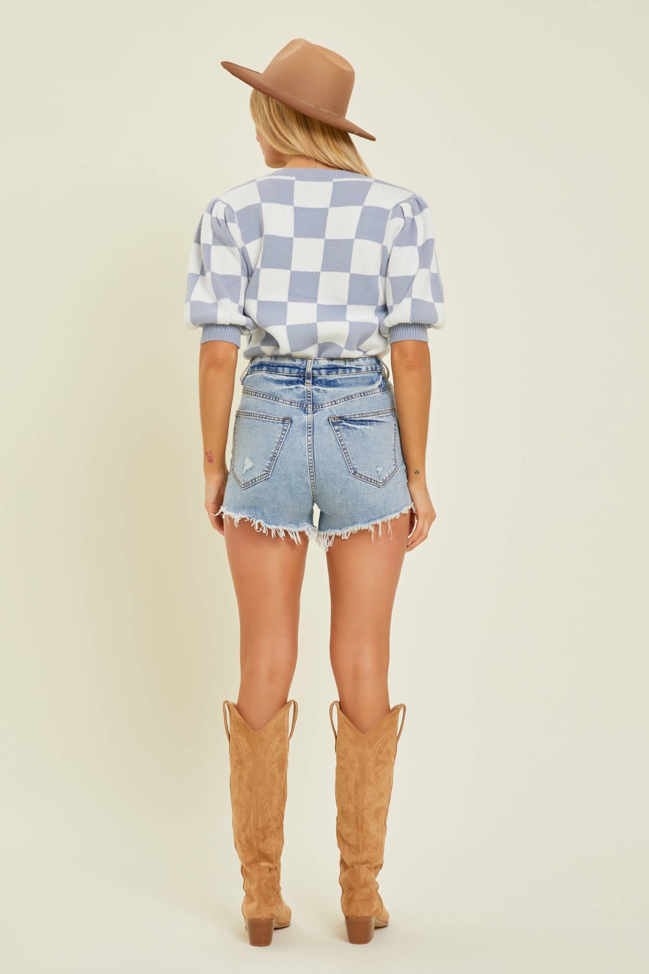 Checkered Puff Sleeve Top in Grey