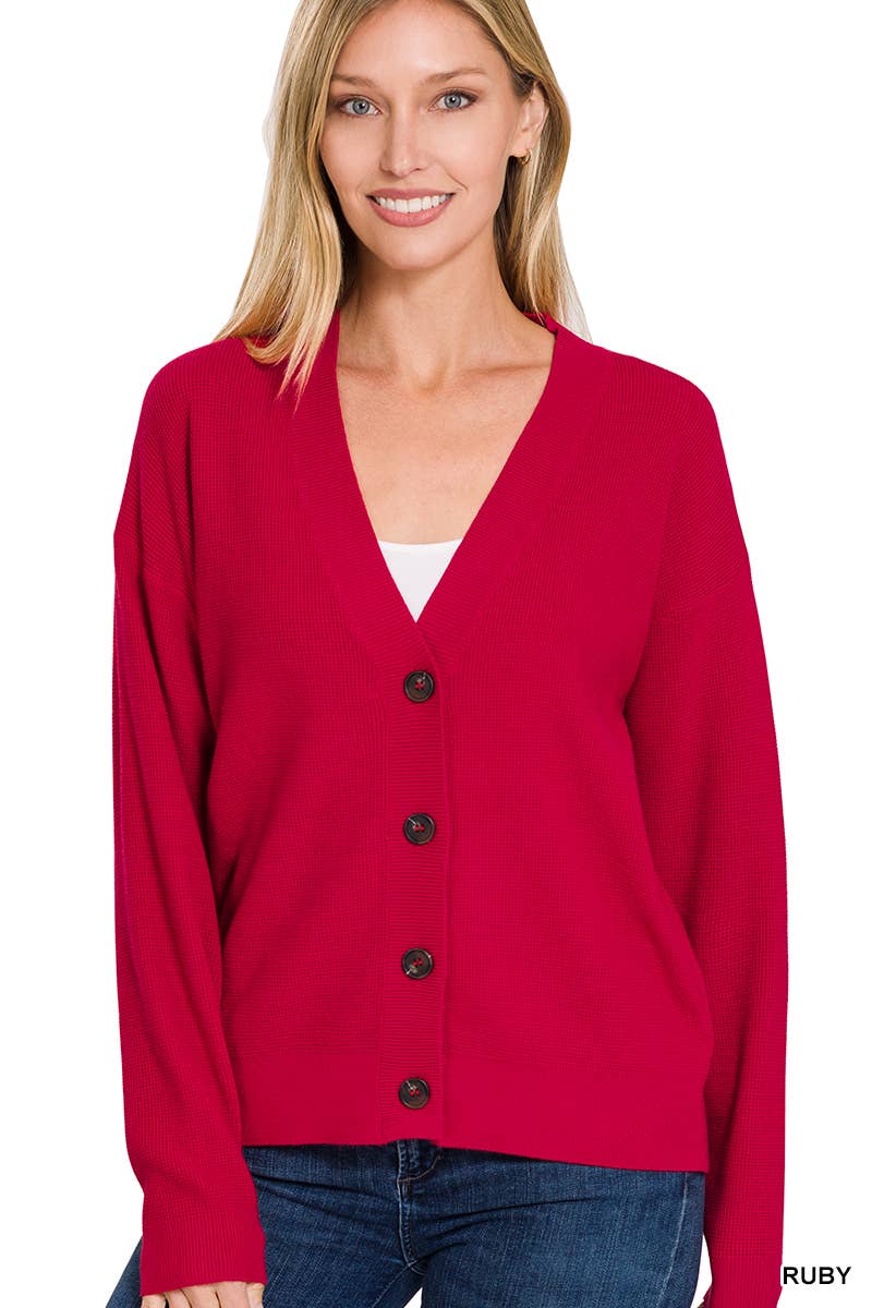 Drop Shoulder Button Cardigan in Ruby
