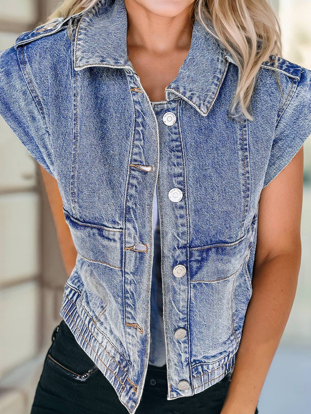 Acid Wash Button Up Denim Vest