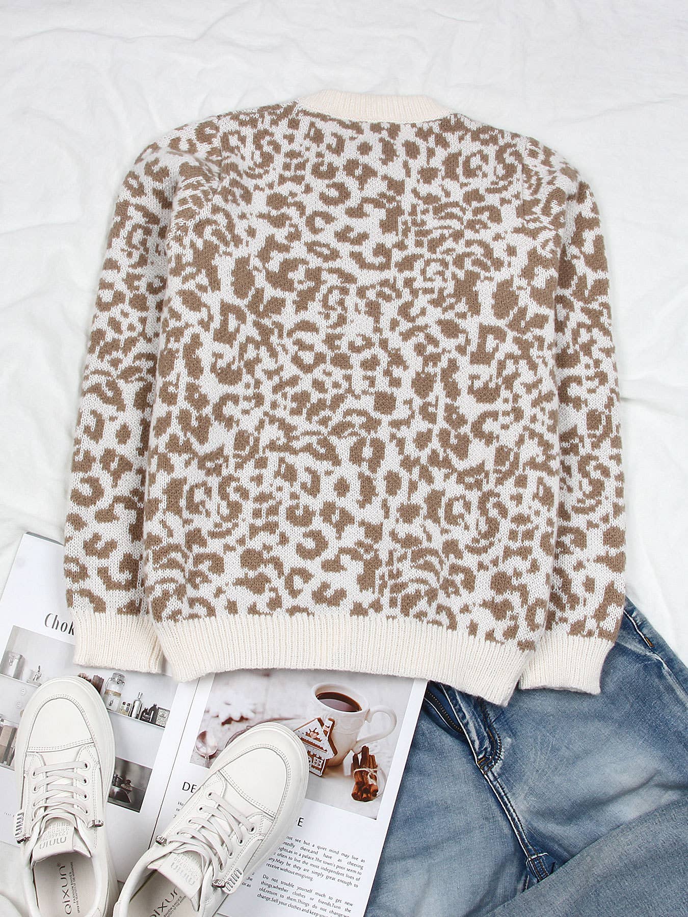 Slouchy Leopard Crew Cardigan in Apricot