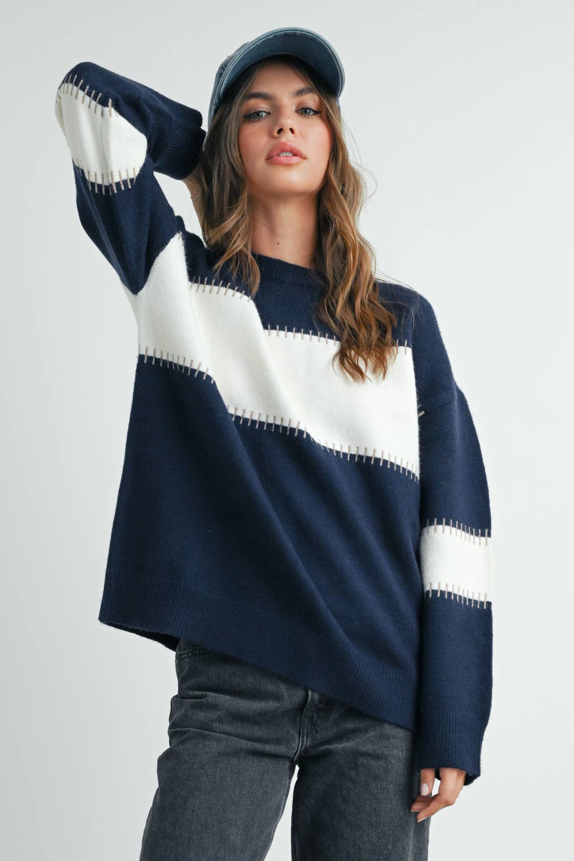 Colorblock Striped Sweater in Navy