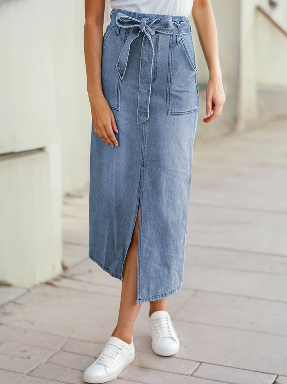 High Waist Midi Denim Skirt in Light Wash