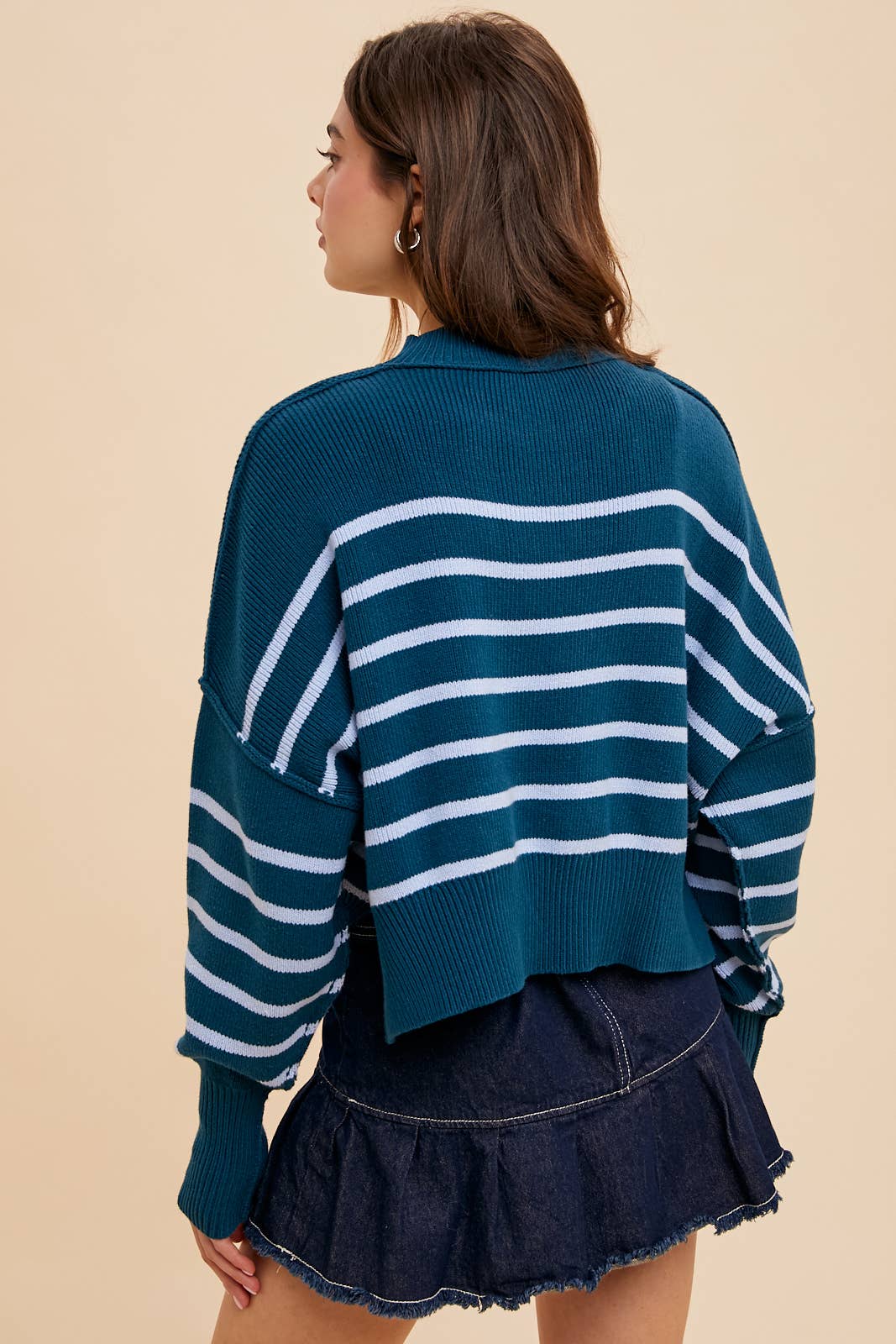 LARGE - Striped Mock Neck Cropped Sweater in Emerald