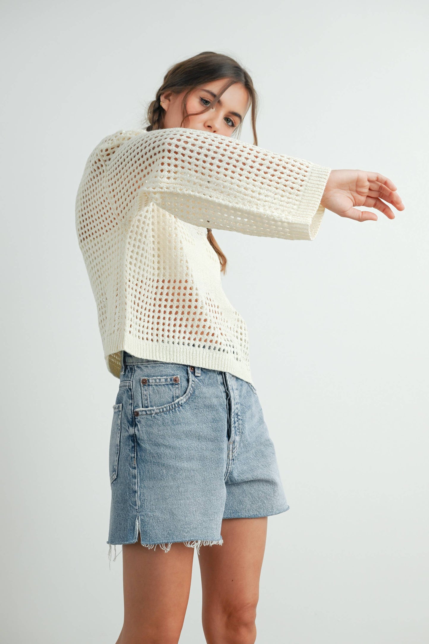 Crew Neck Crochet Sweater in Ivory