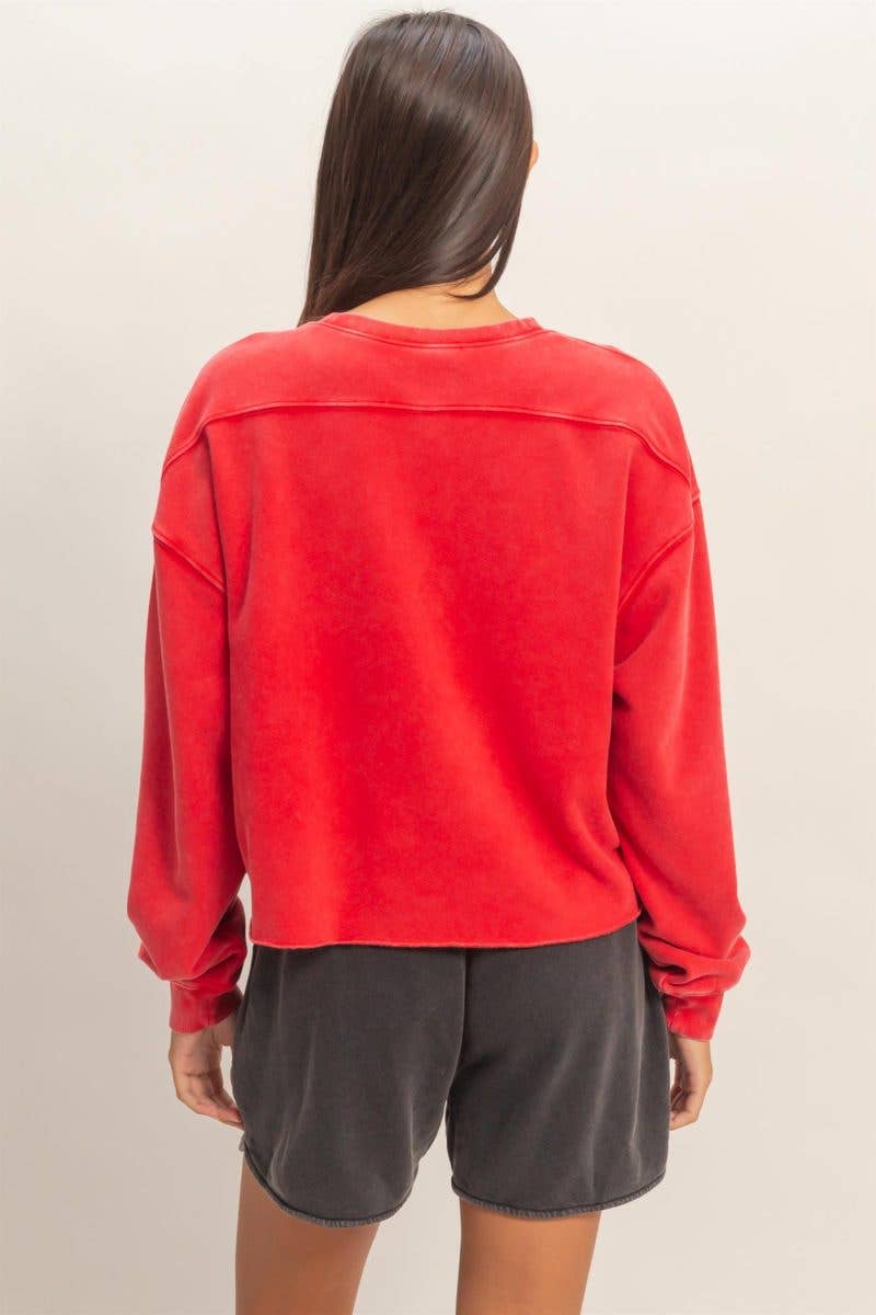 Cropped Mineral Wash Sweatshirt in Red