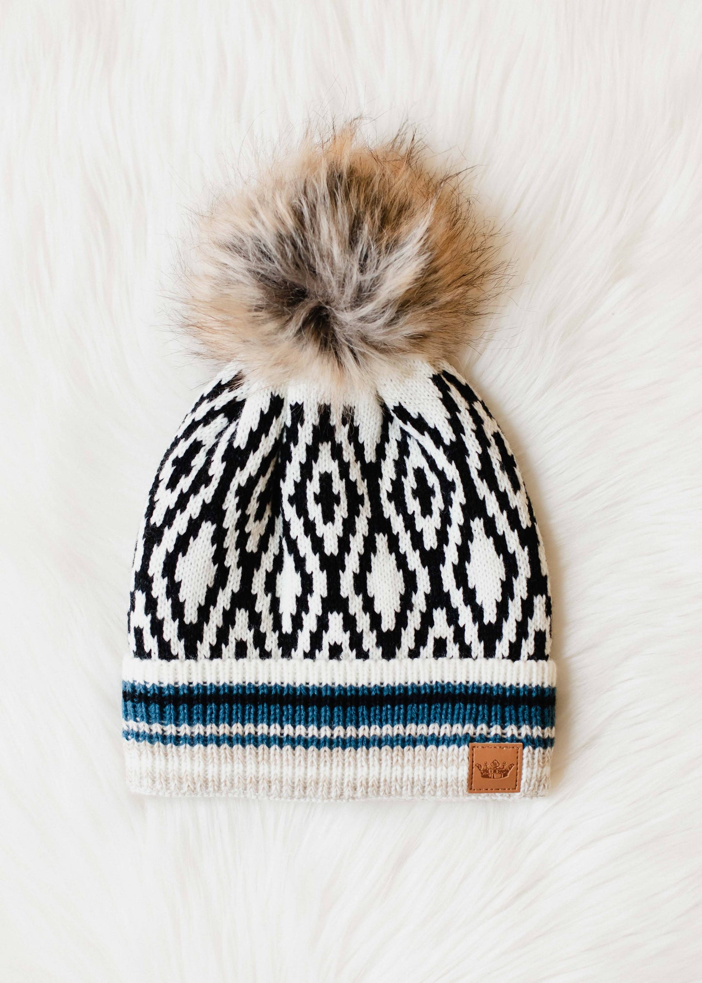 White, Black, Blue & Tan Patterned Pom Hat
