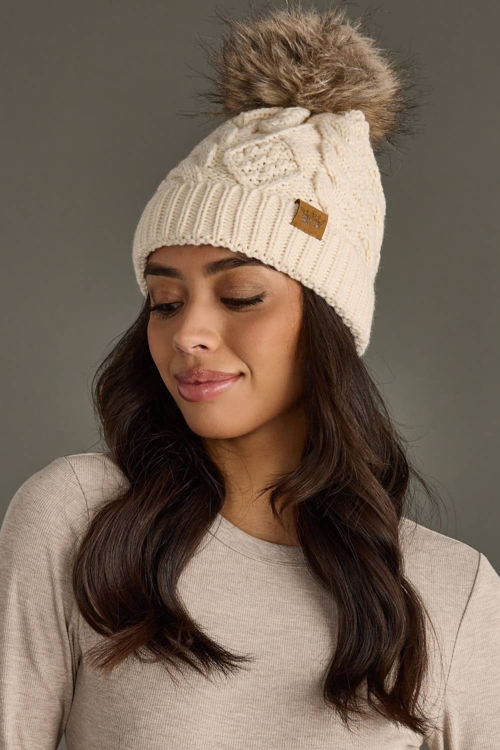 Cable Knit Pom Hat in Beige