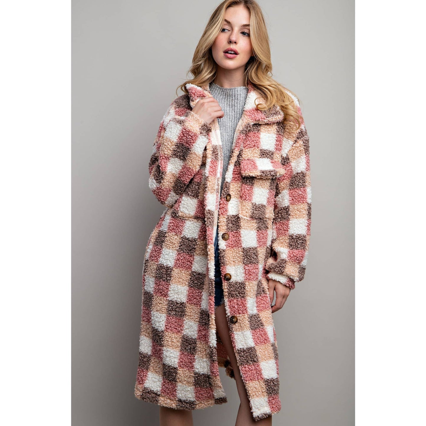 Long Plaid Teddy Oversize Jacket in Pink