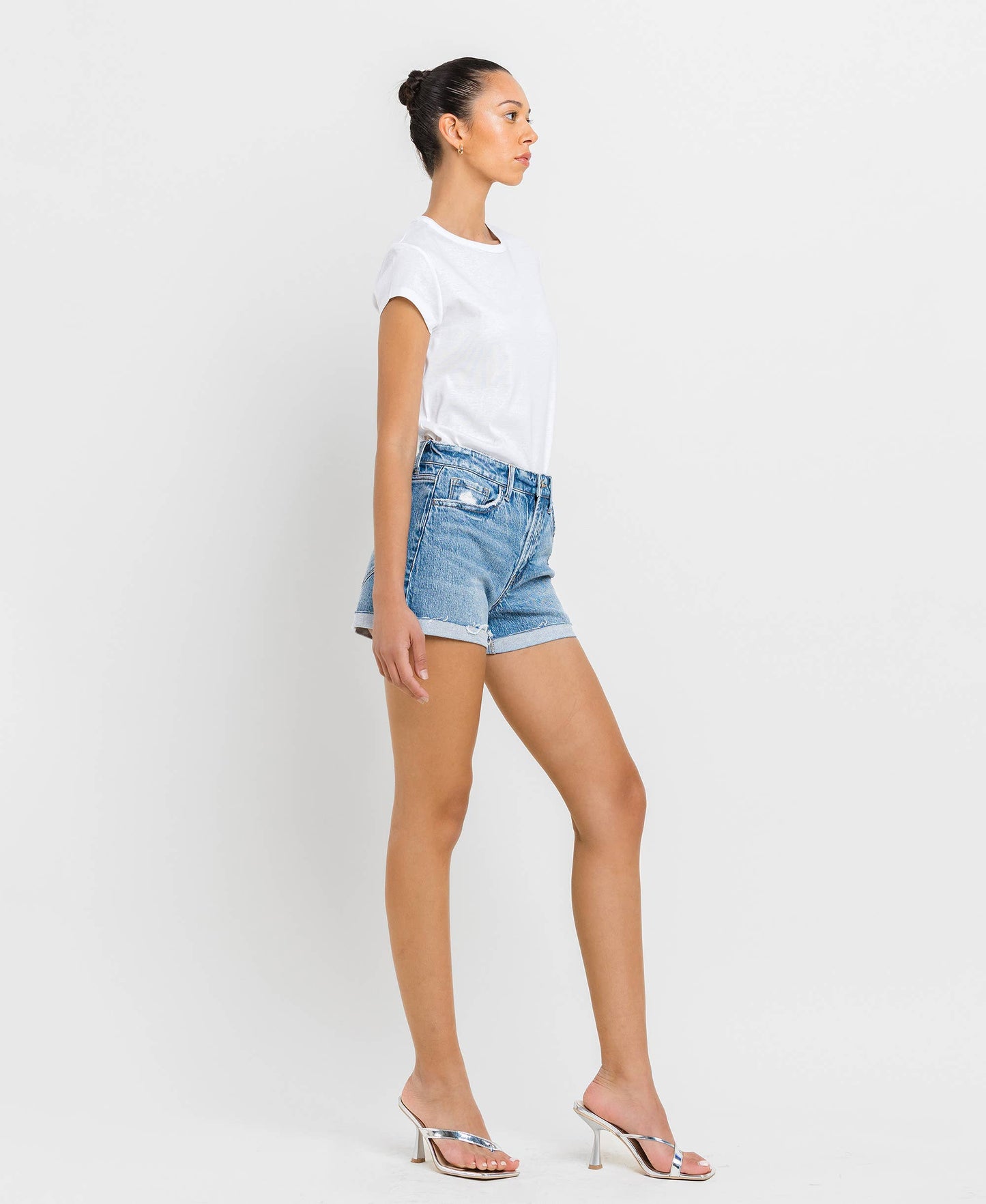 High Rise Cuffed A Line Denim Shorts