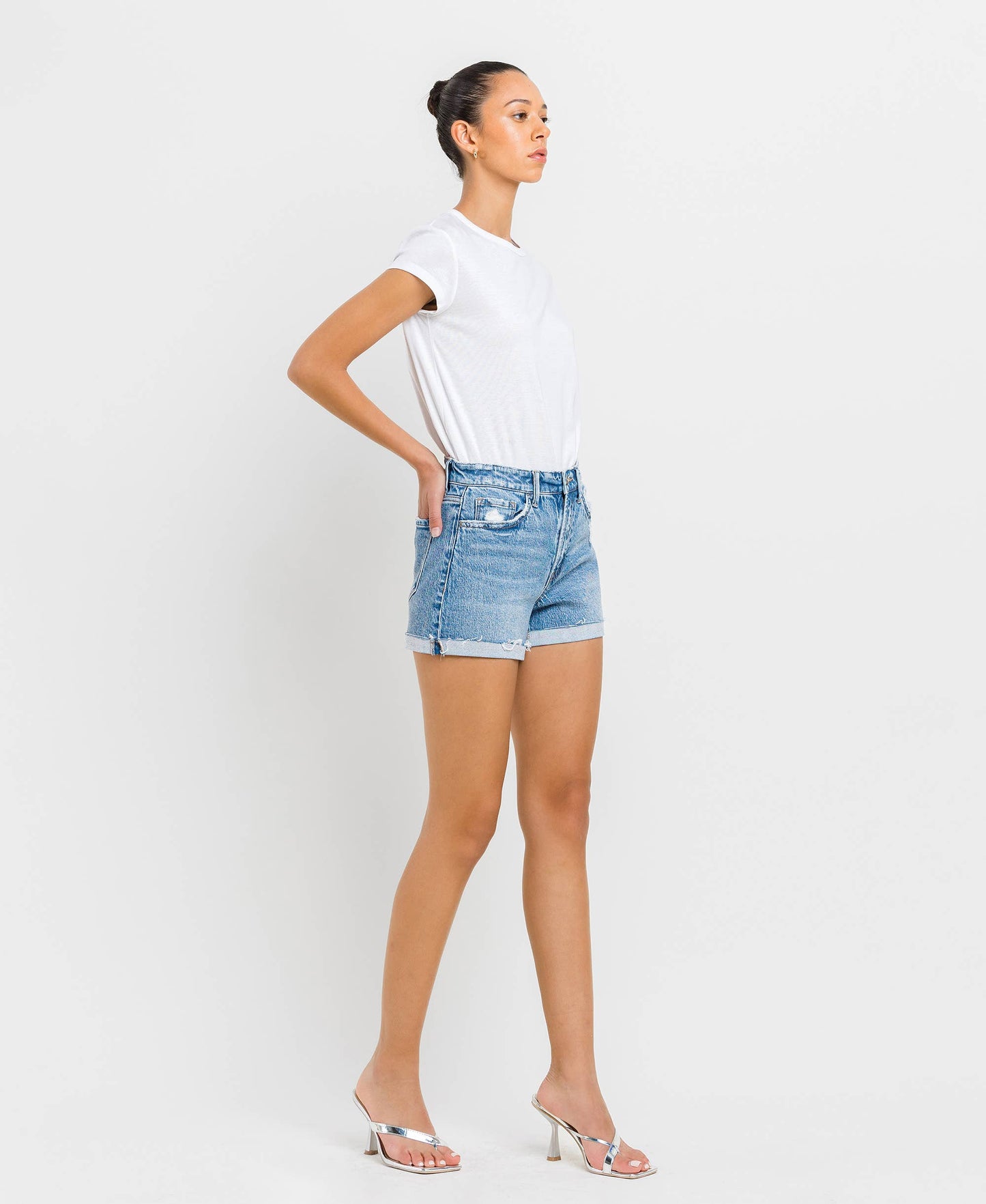High Rise Cuffed A Line Denim Shorts
