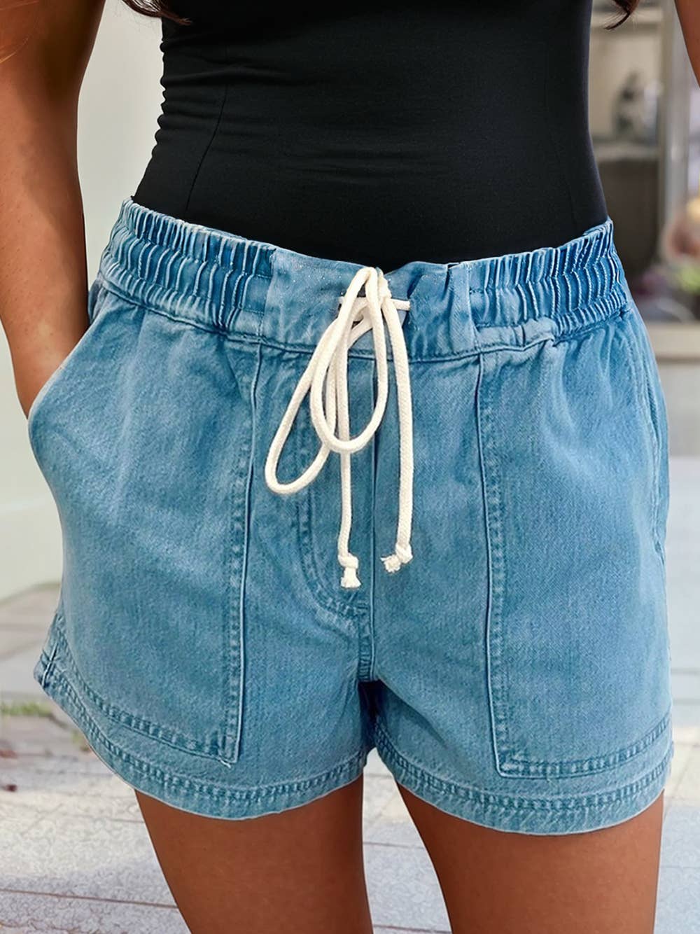 Elastic Waist Denim Shorts