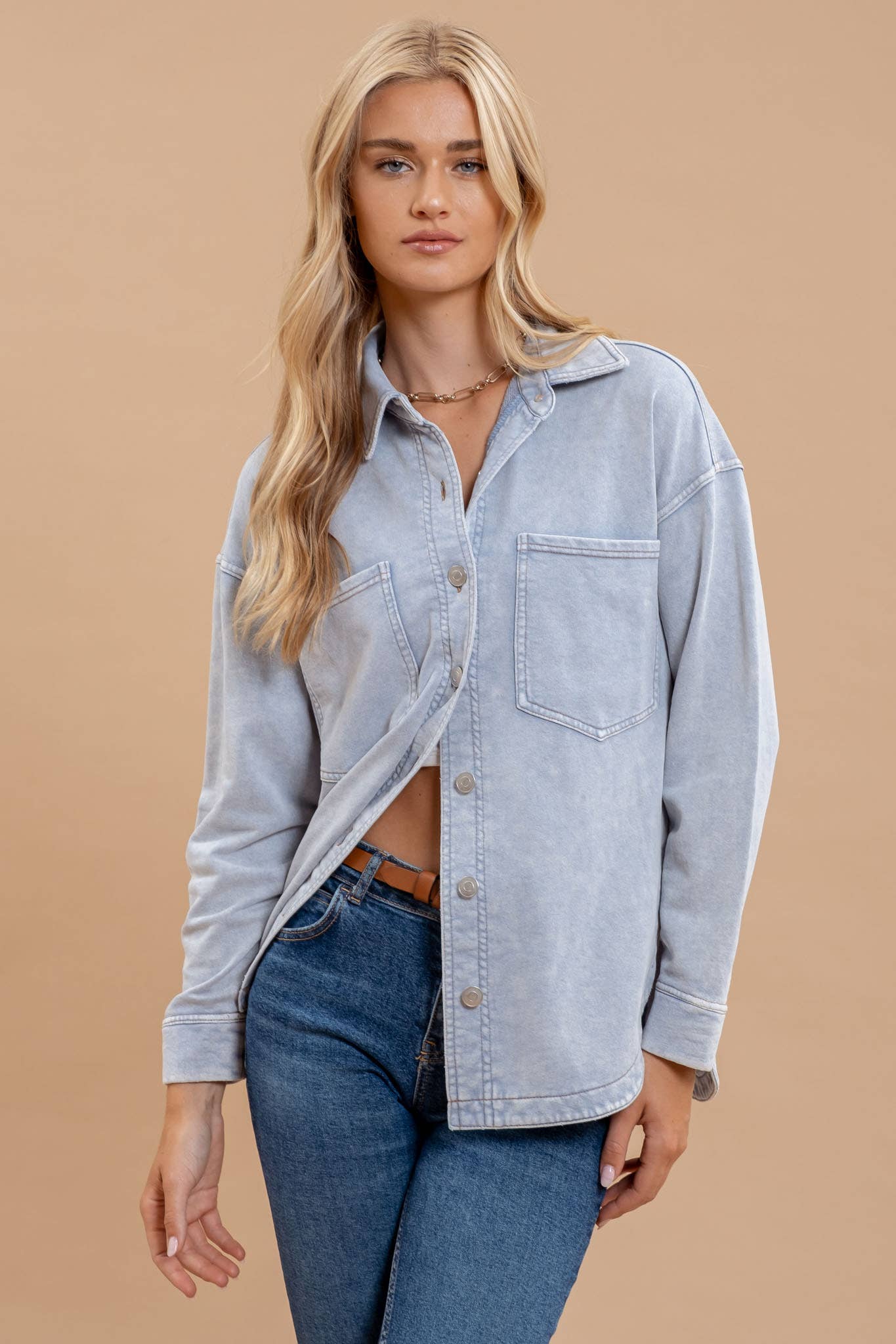 Button Down Shacket in Light Chambray