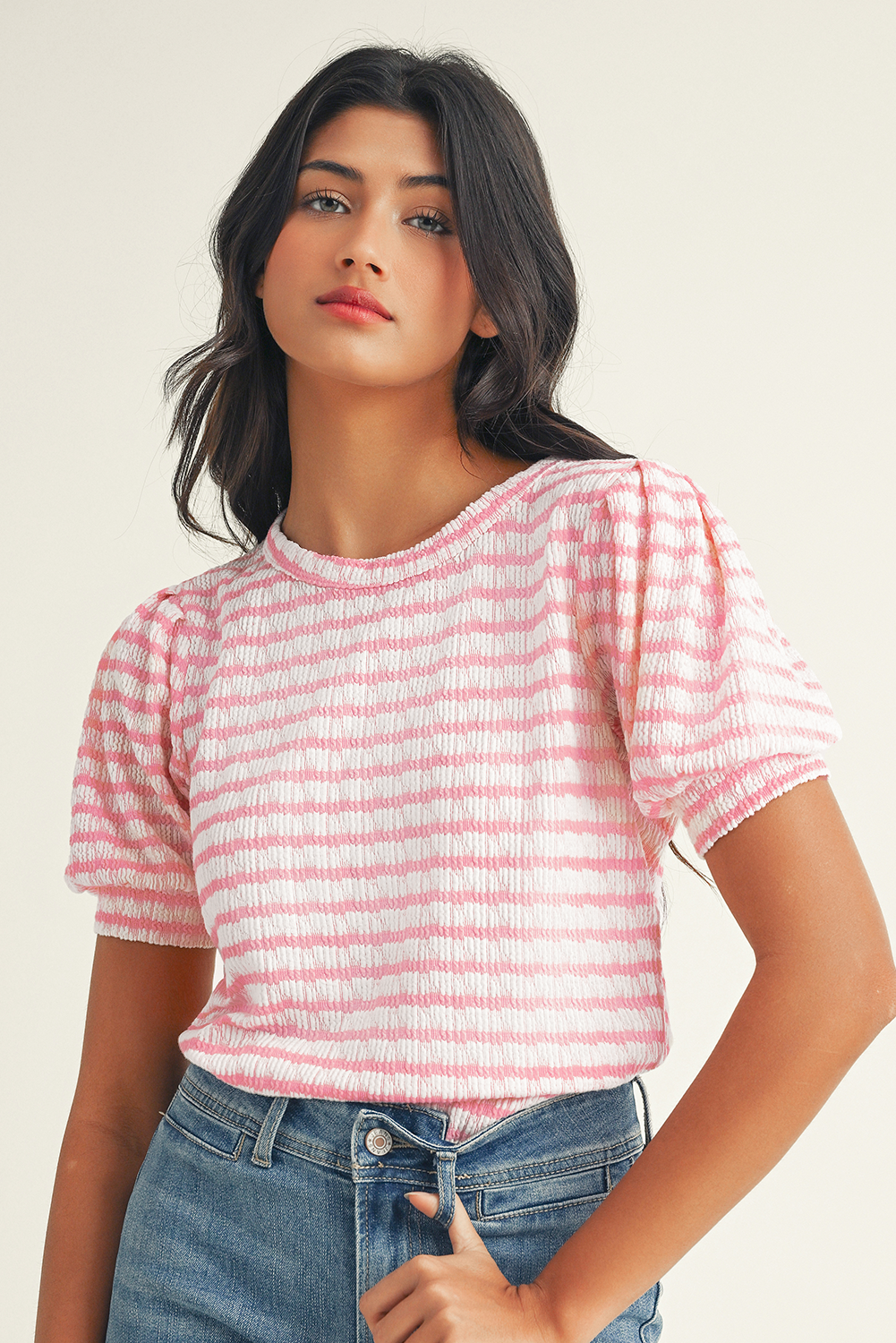 Textured Puff Sleeve Top in Pink