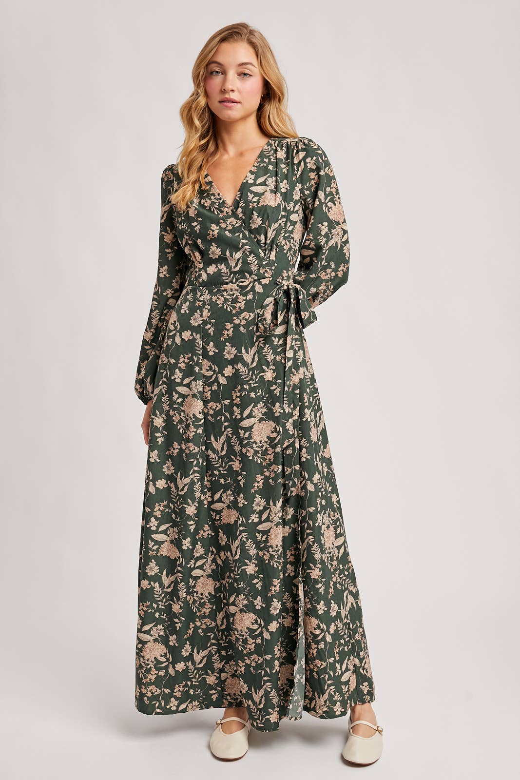 Floral Wrap Maxi Dress in Hunter Green