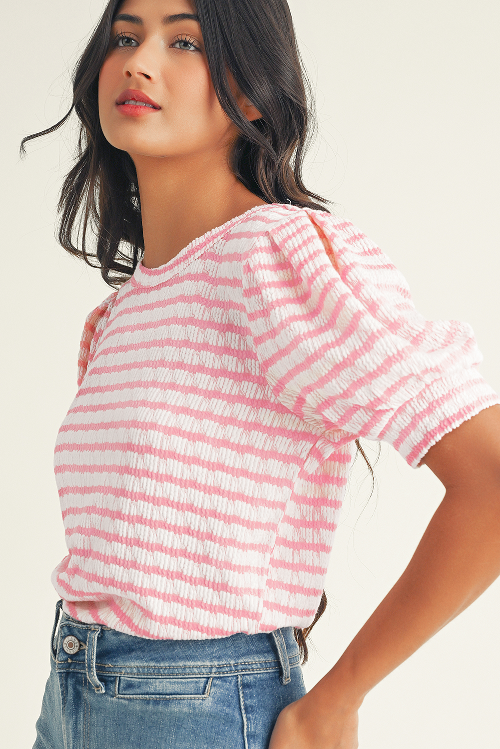 Textured Puff Sleeve Top in Pink