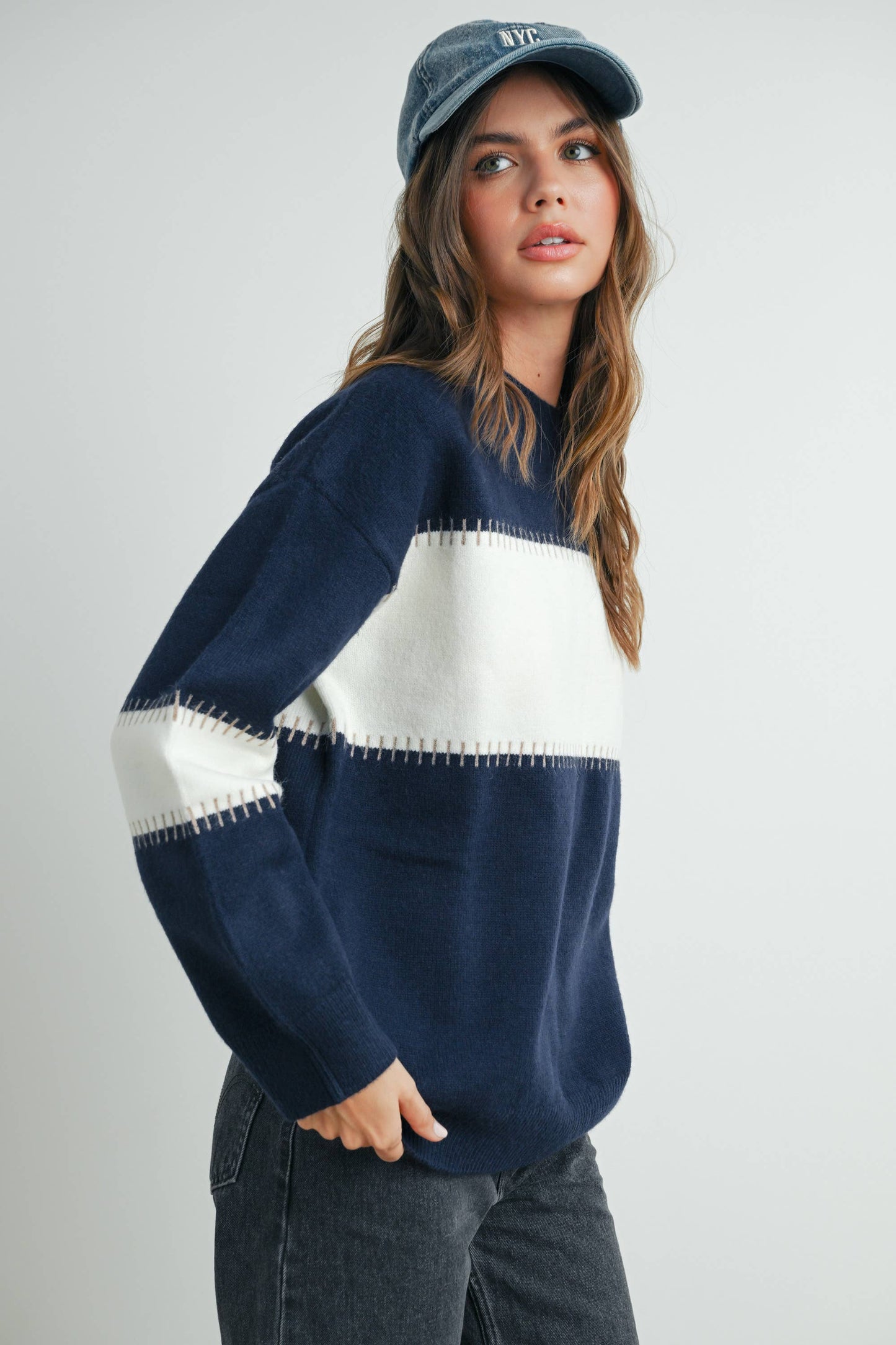 Colorblock Striped Sweater in Navy