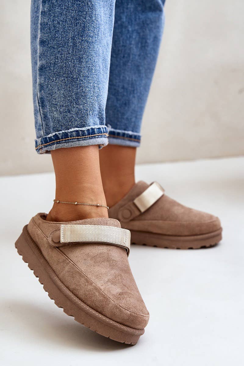 SIZE 6(37) - Faux Fur Lined Slip On Mules in Khaki