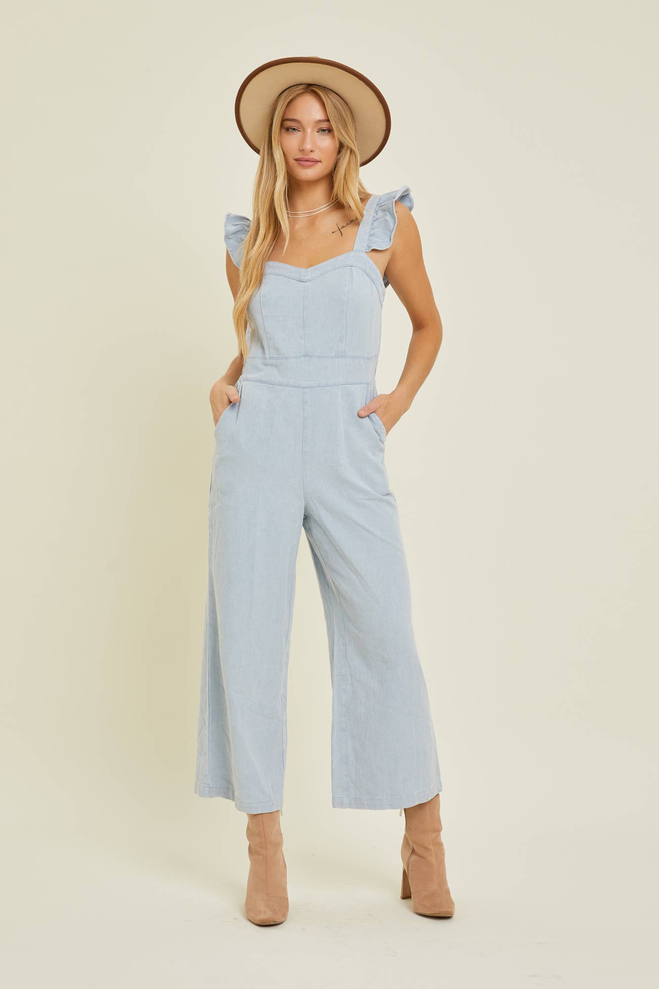 Denim Jumpsuit w/ Ruffle Strap
