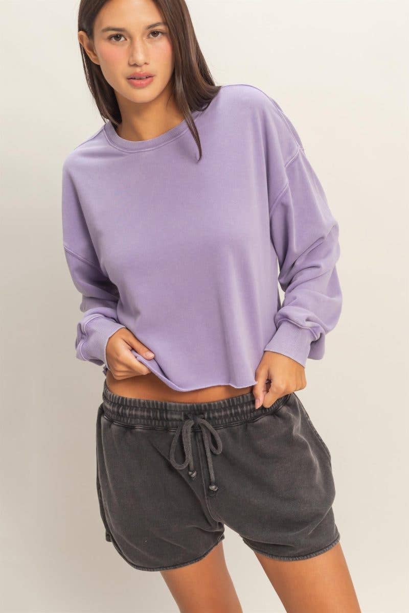 Cropped Mineral Wash Sweatshirt in Dusty Purple