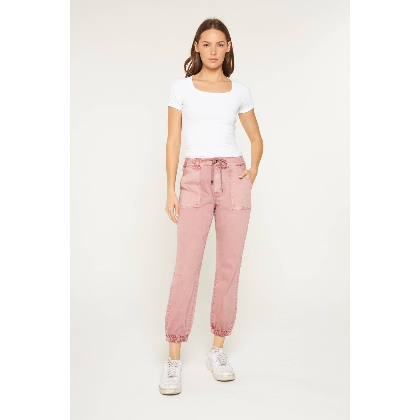 High Rise Denim Jogger in Deep Pink
