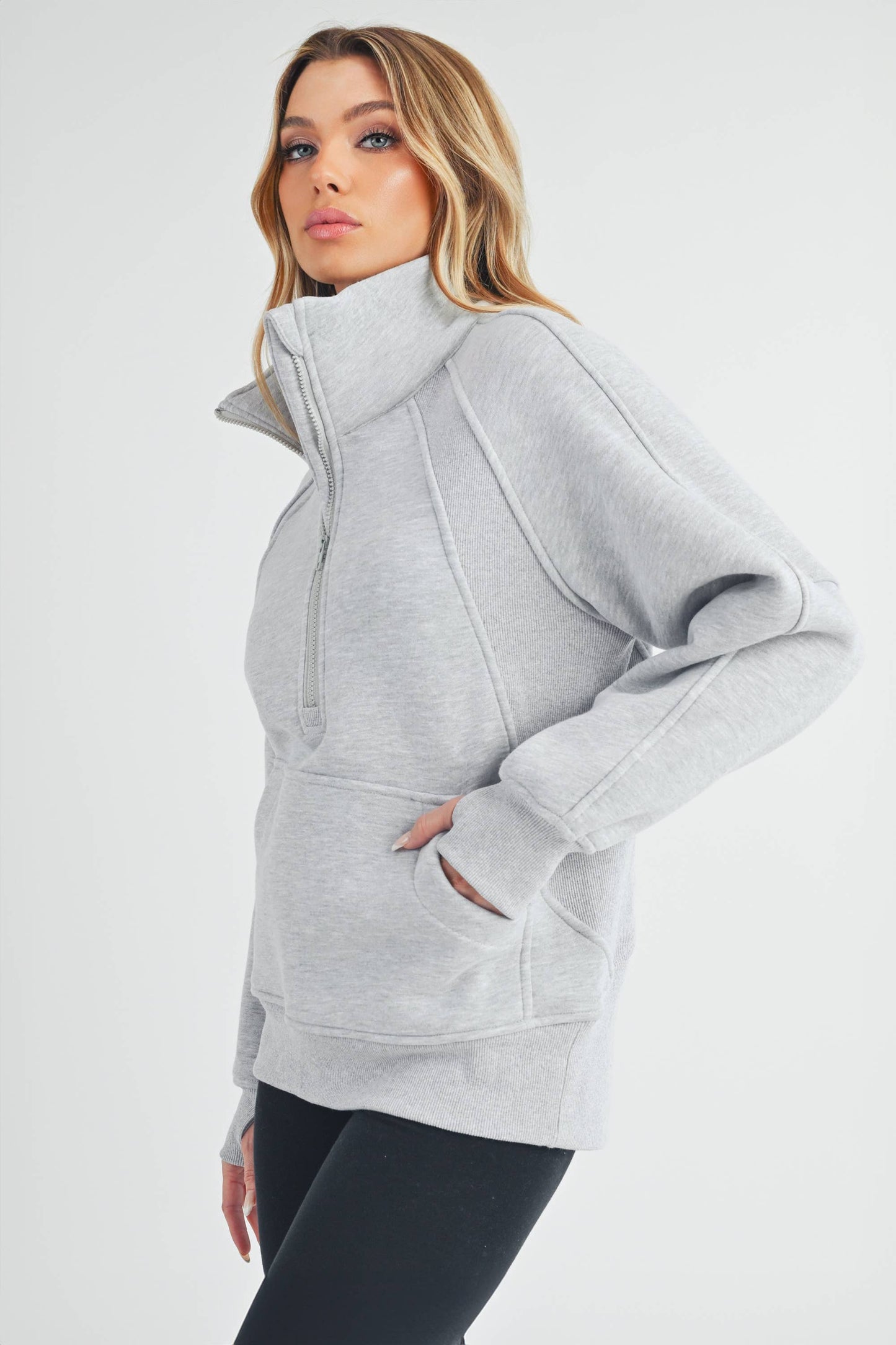 Funnel Neck Half Zip Pullover in Heather Grey