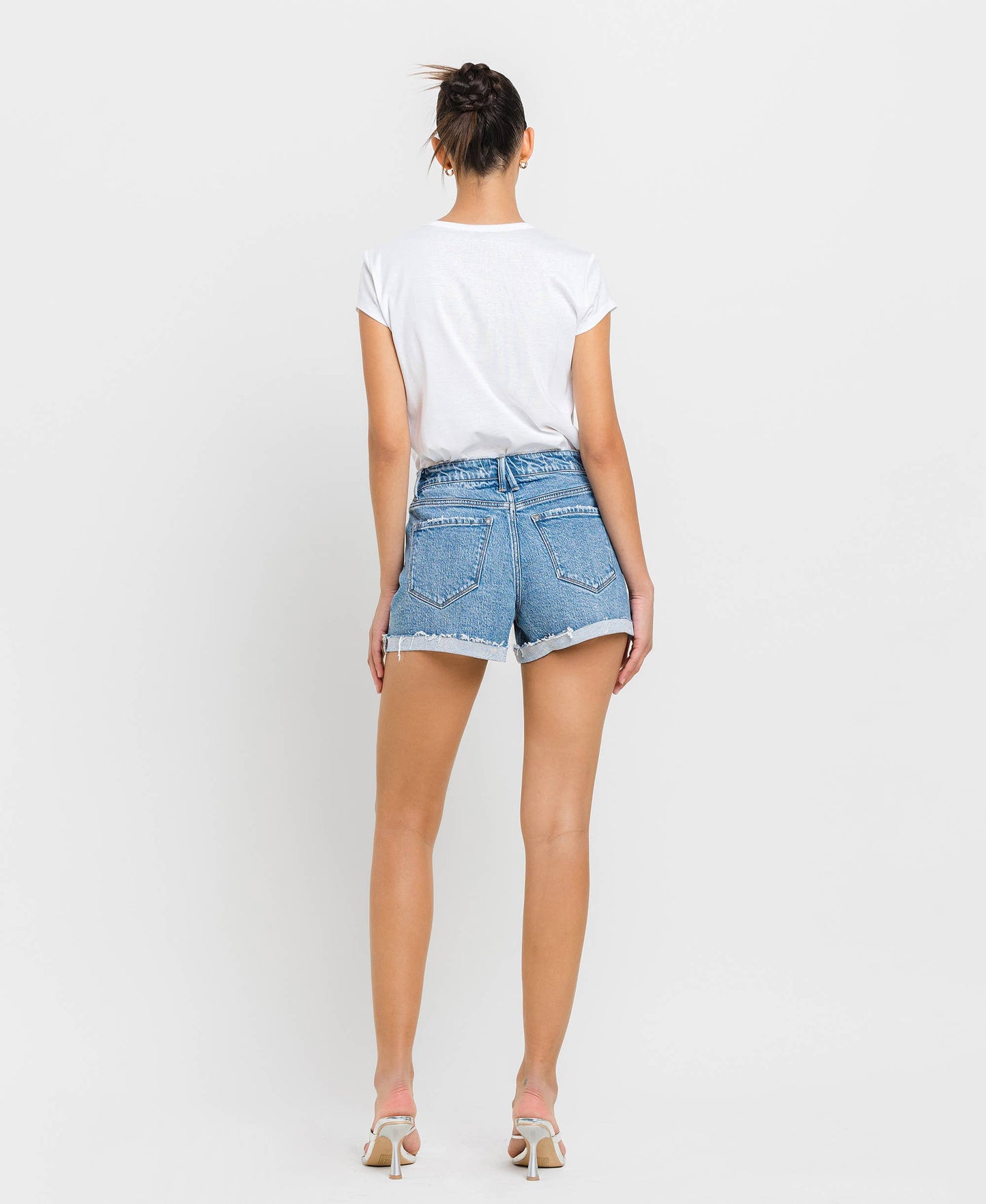 High Rise Cuffed A Line Denim Shorts