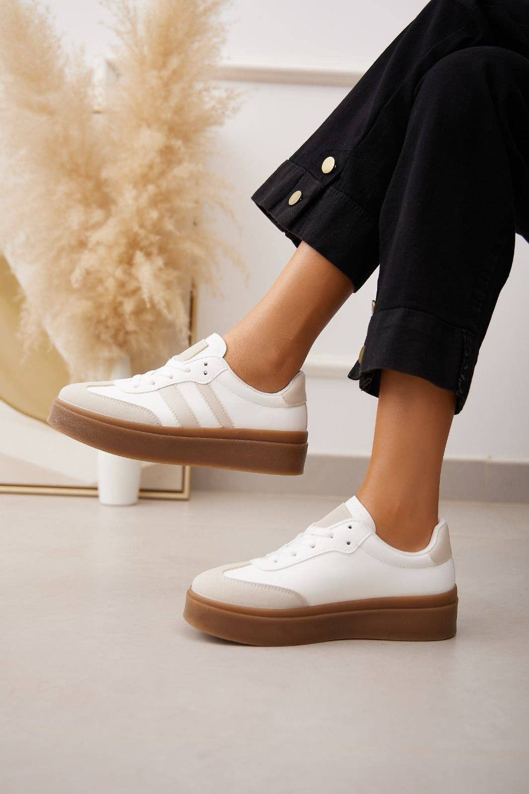 Double Striped Gum Sole Sneakers in Beige