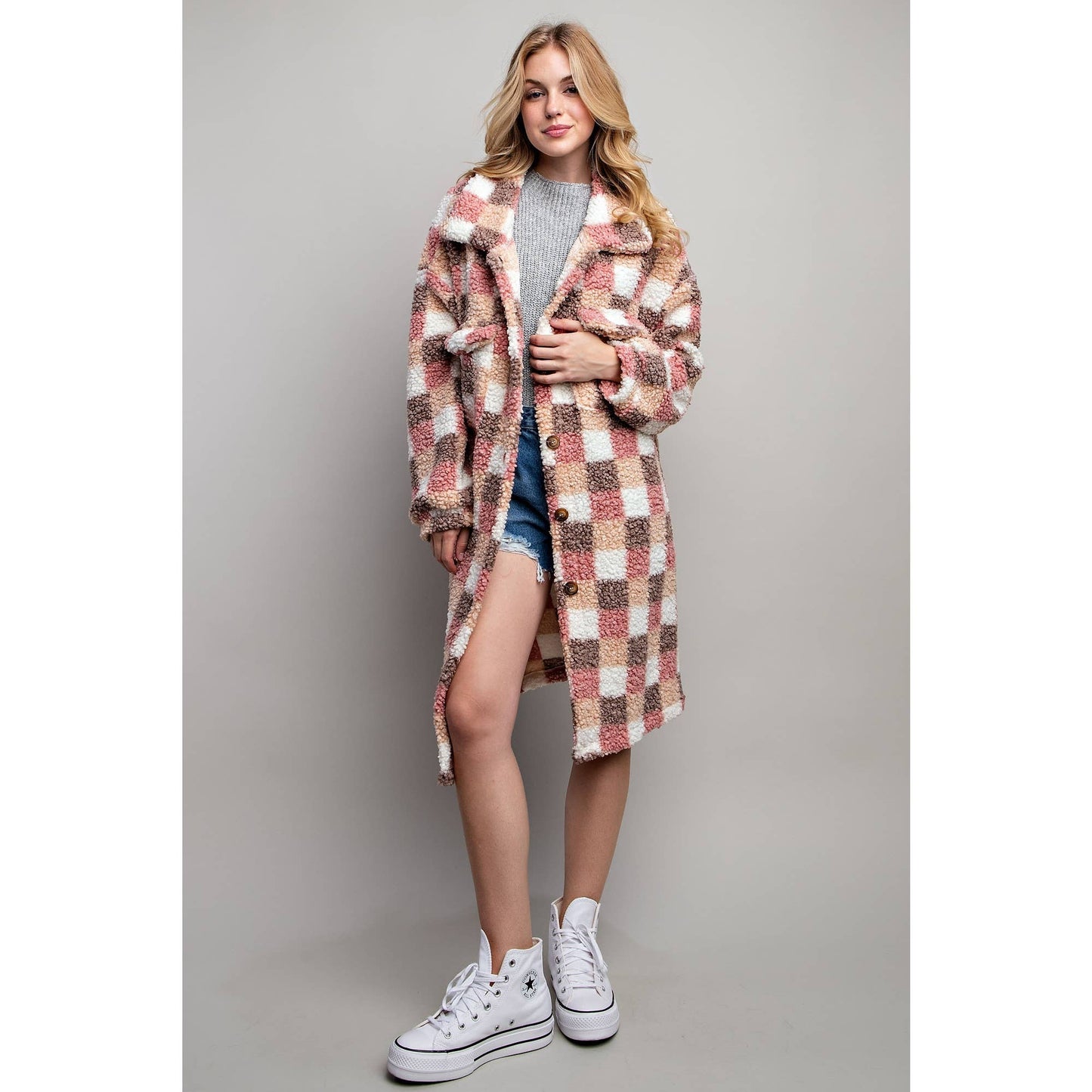 Long Plaid Teddy Oversize Jacket in Pink