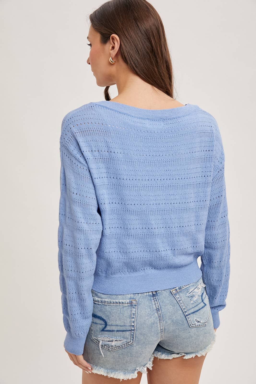 Open Knit Pullover Top in French Blue