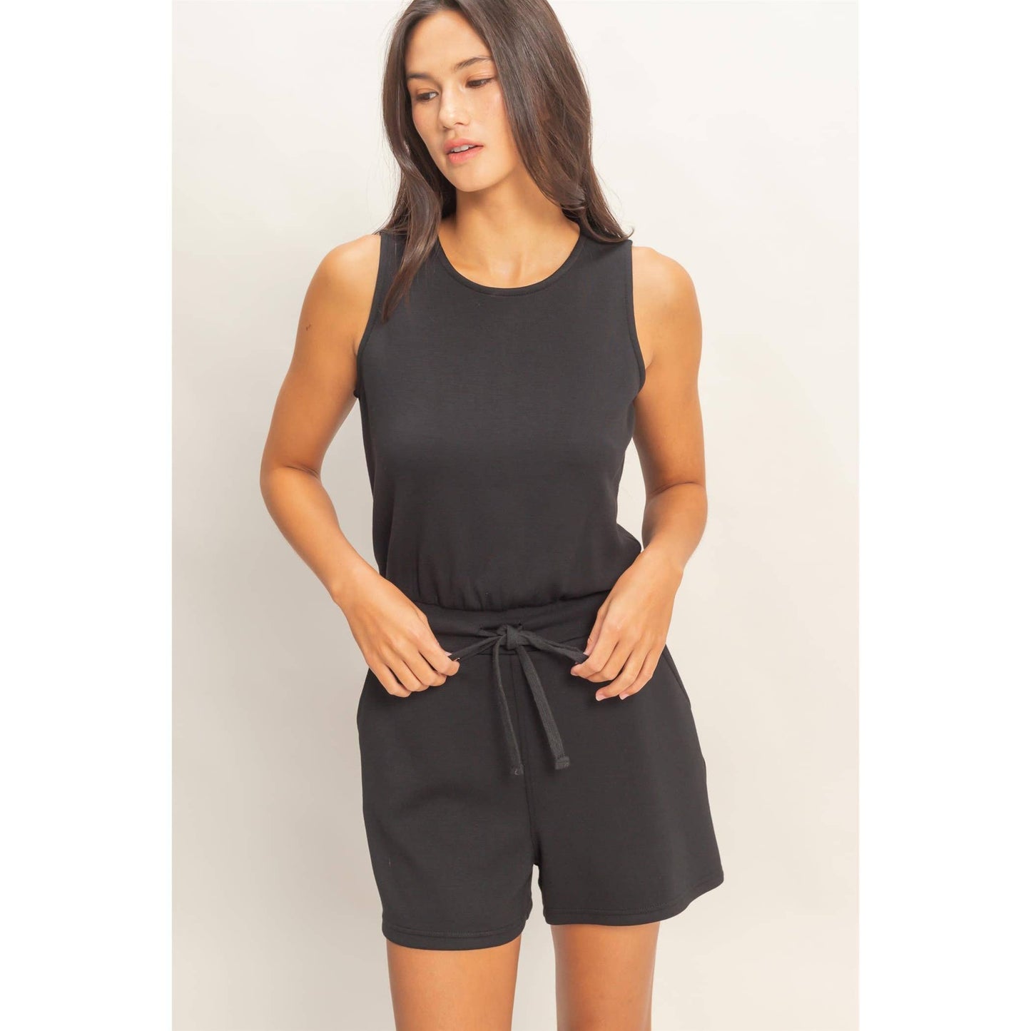 Drawstring Tank Romper in Black