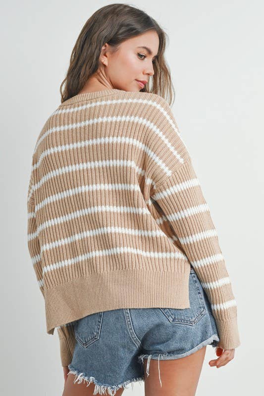 Striped Boat Neck Sweater in Taupe/Ivory