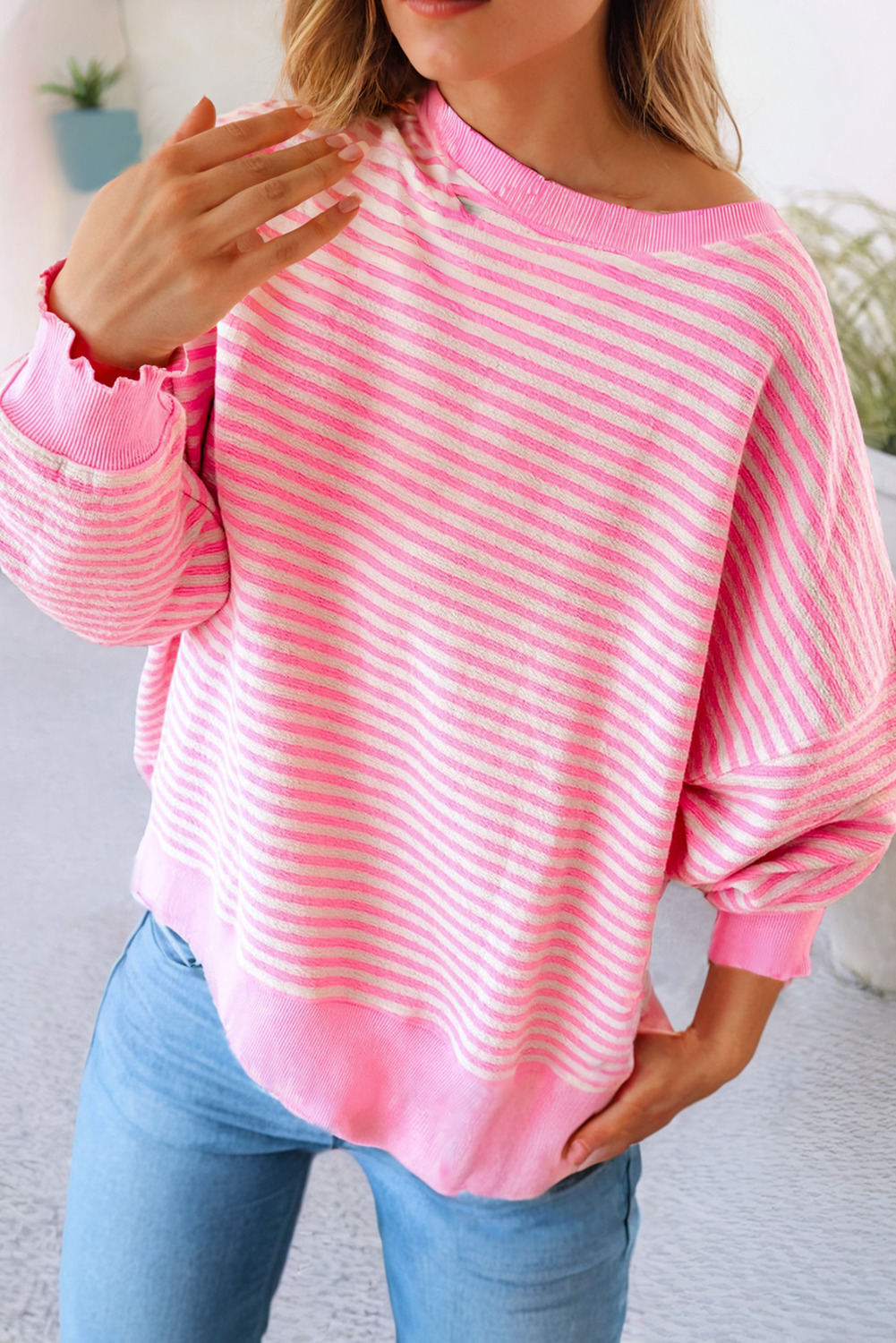 LARGE - Striped Long Sleeve Drop Shoulder in Pink