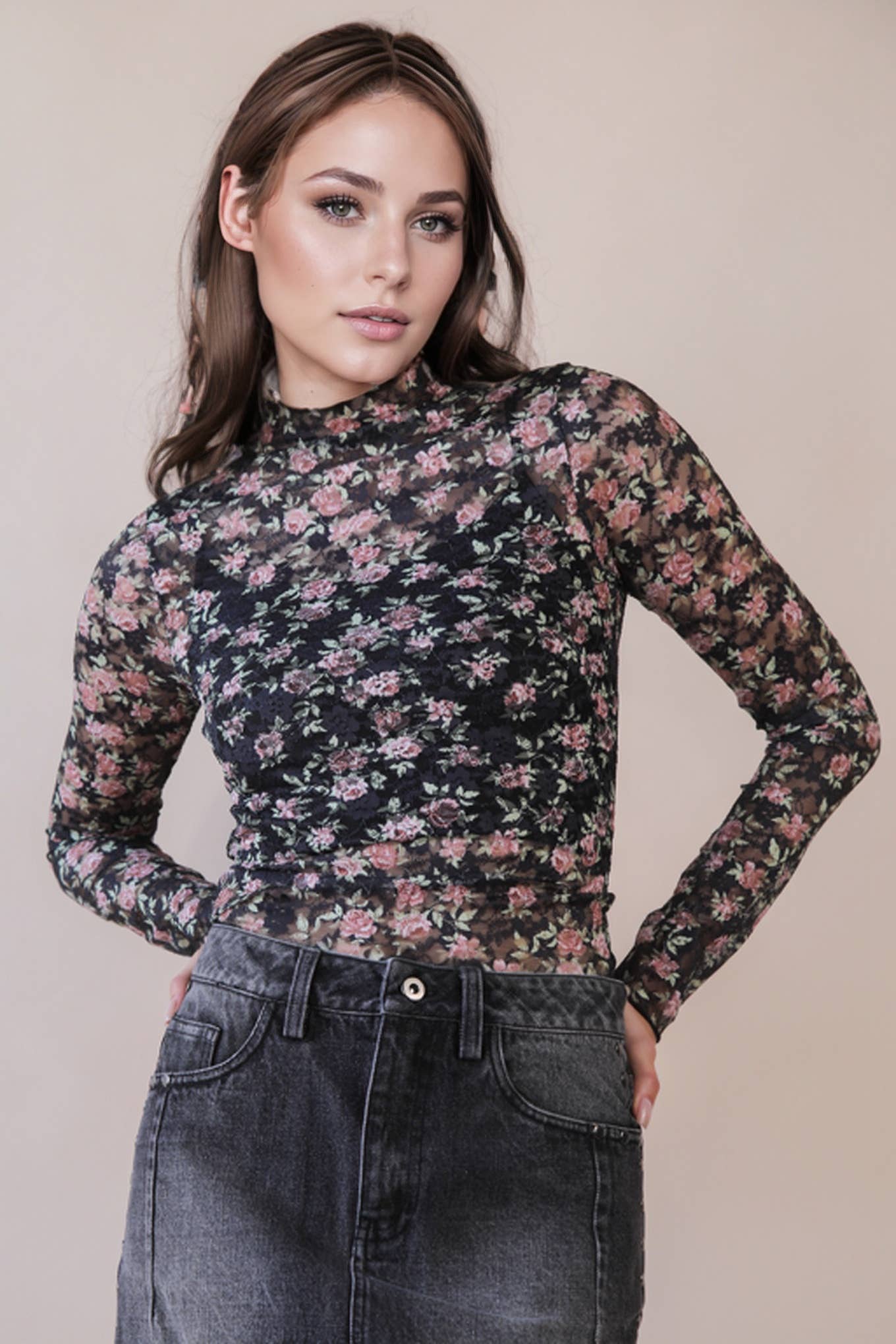 High Neck Lace Mesh Top in Black Floral
