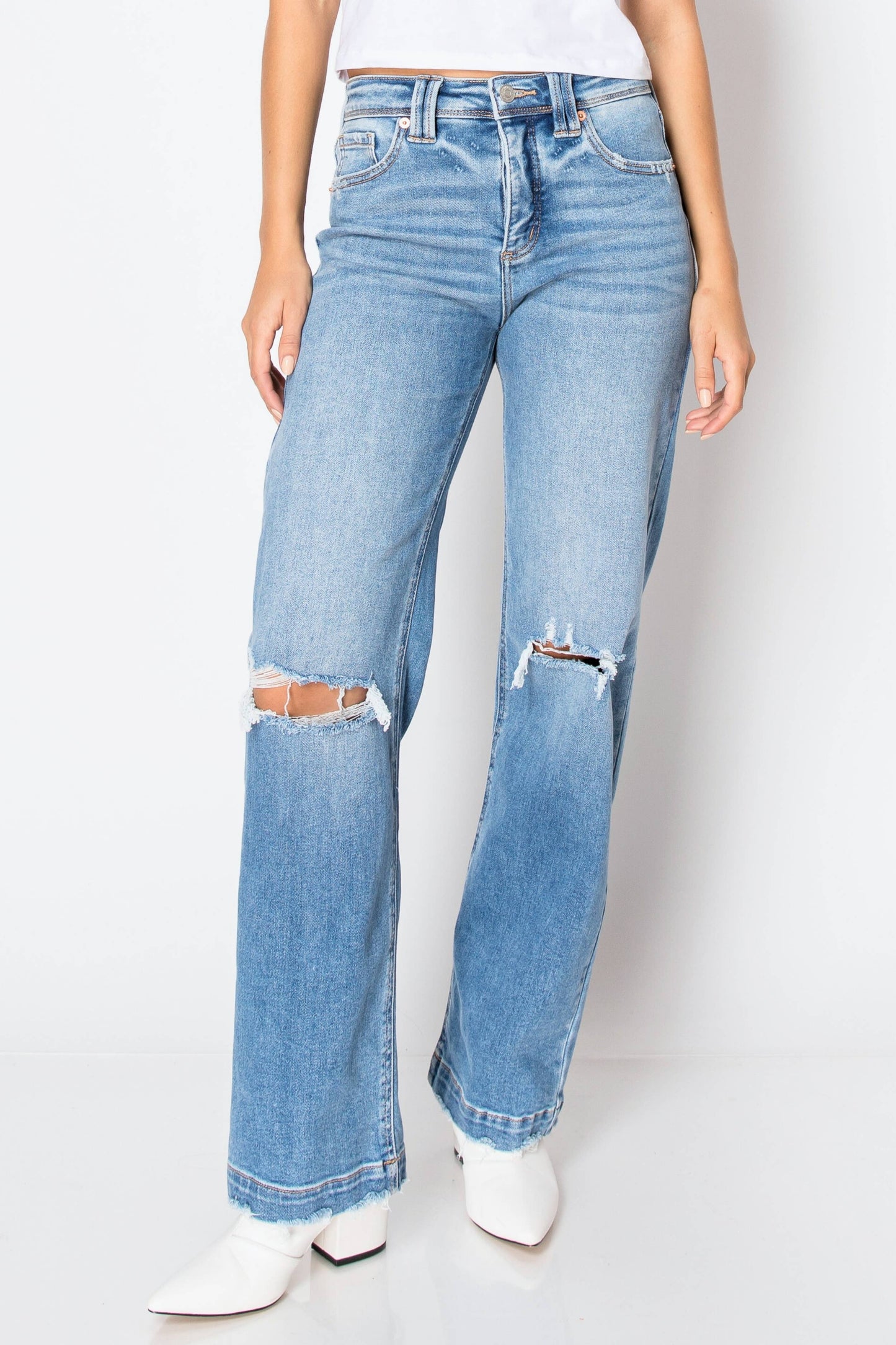 Tummy Control High Rise Relaxed Straight Denim in Medium Wash