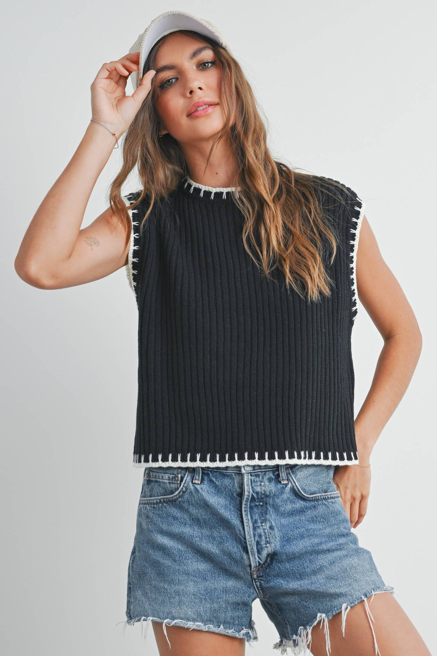 Solid Cap Sleeve Sweater Vest in Black