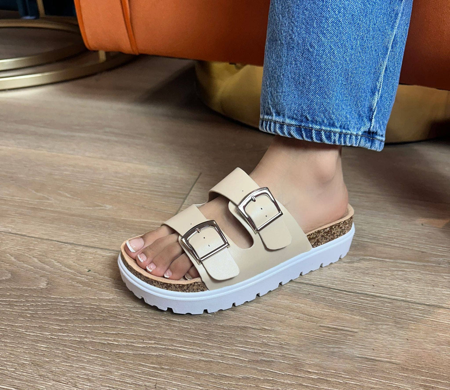 Cork Sole Buckle Sandal in Natural