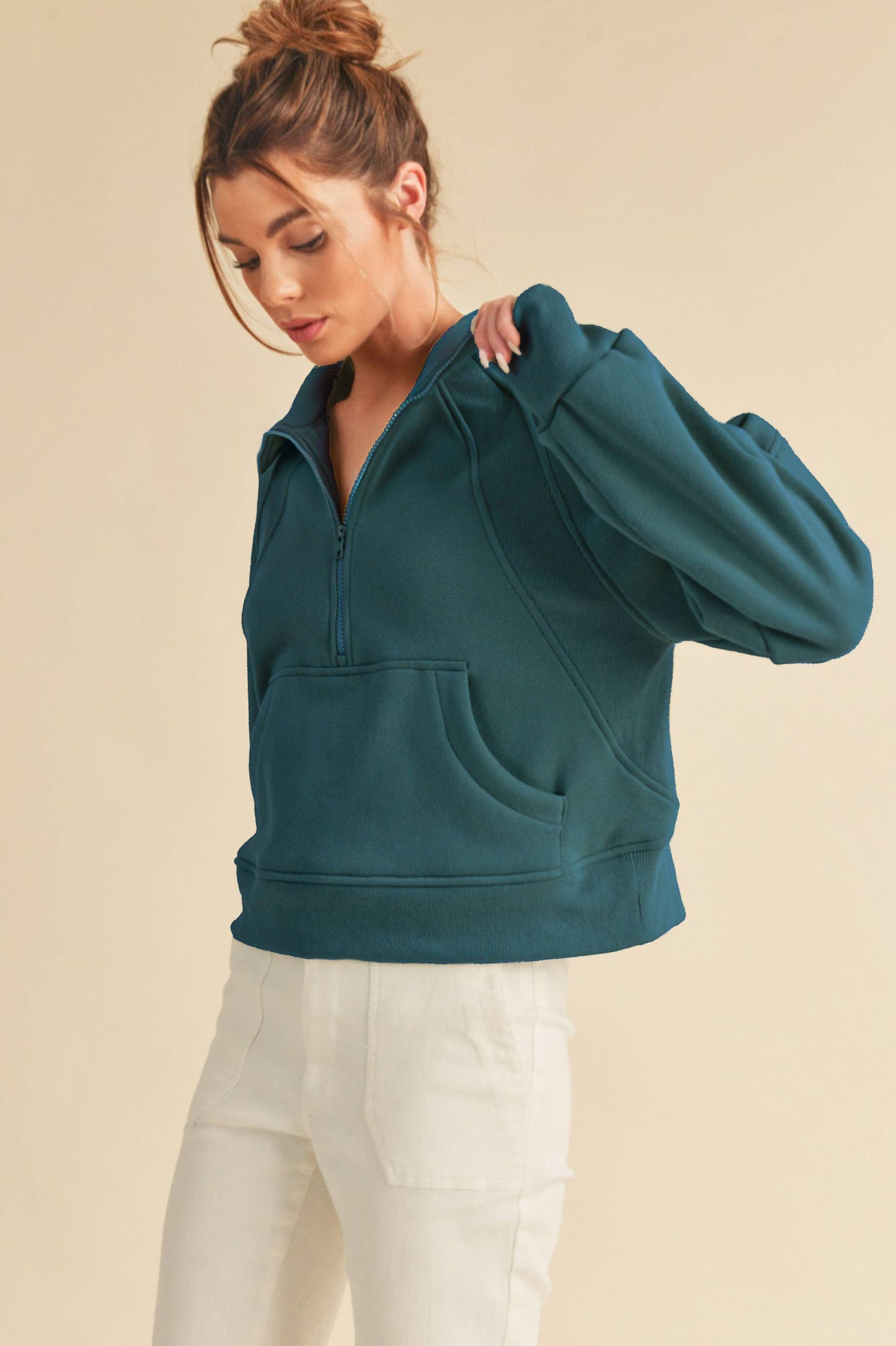 Funnel Neck Half Zip Pullover in Teal