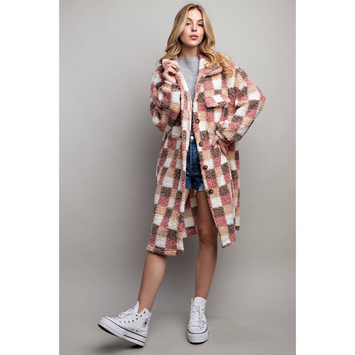Long Plaid Teddy Oversize Jacket in Pink