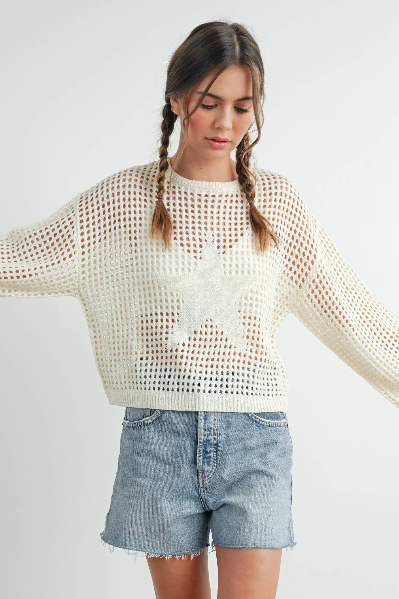 Crew Neck Crochet Sweater in Ivory