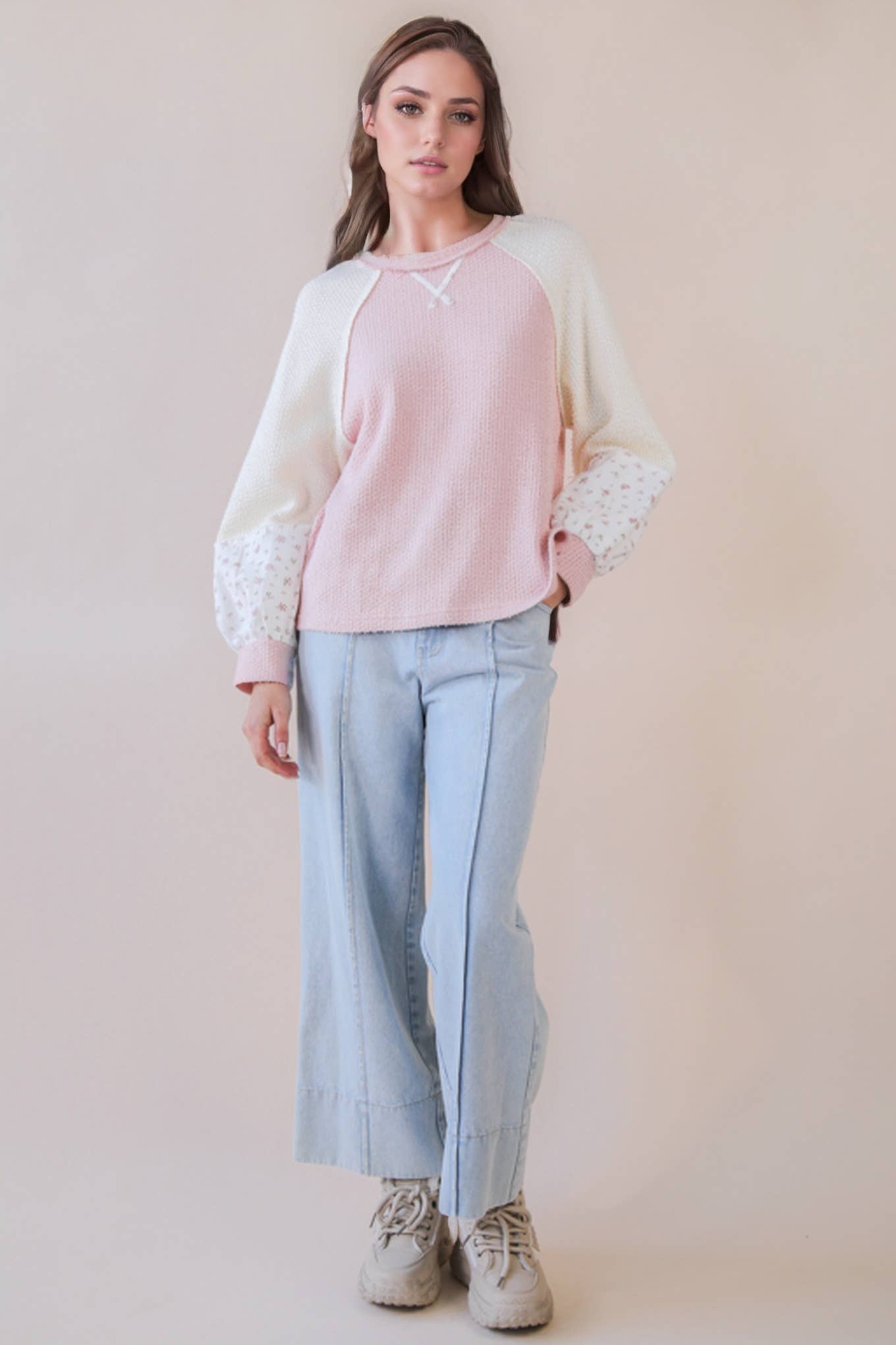 Raglan Color Block Textured Top in Pink