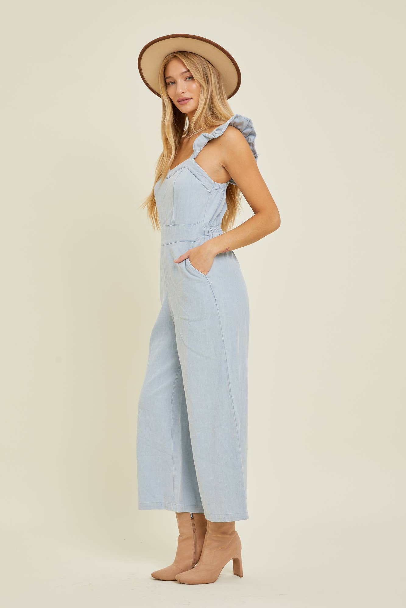 Denim Jumpsuit w/ Ruffle Strap