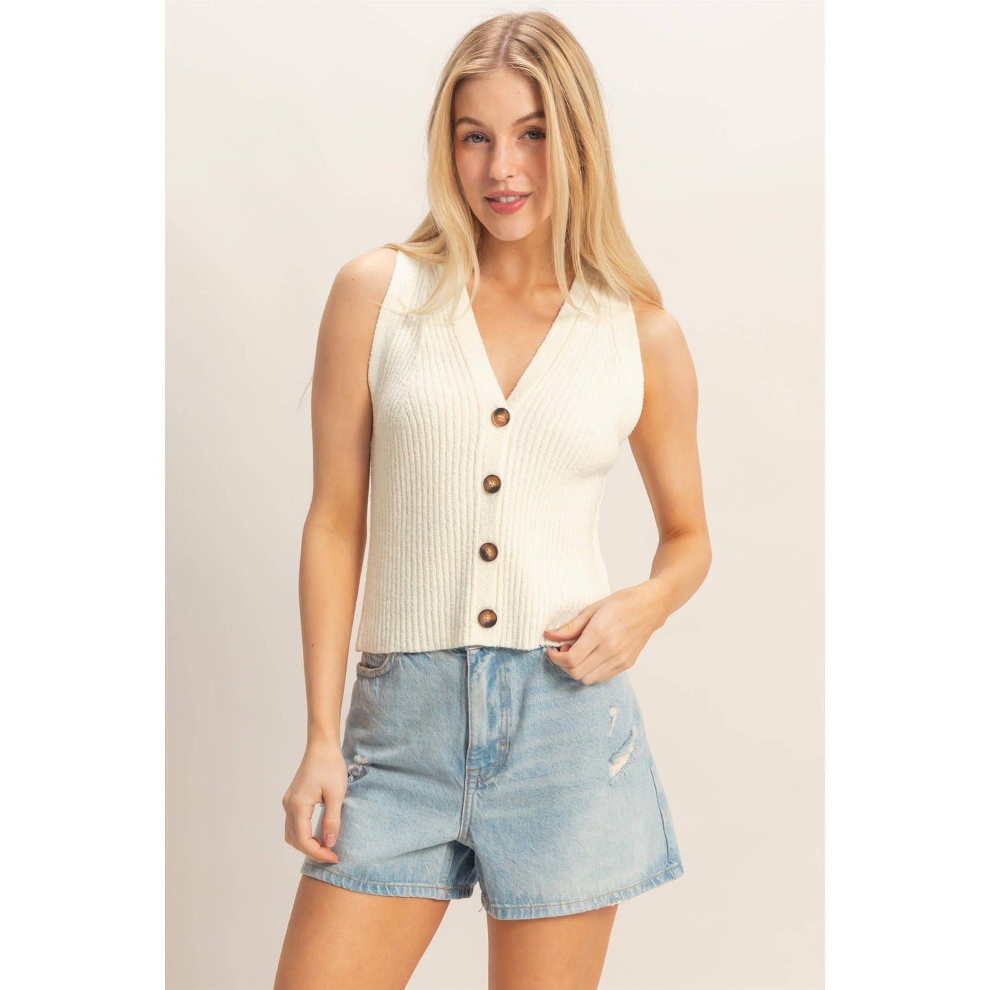 Ribbed V-Neck Tank in Ivory