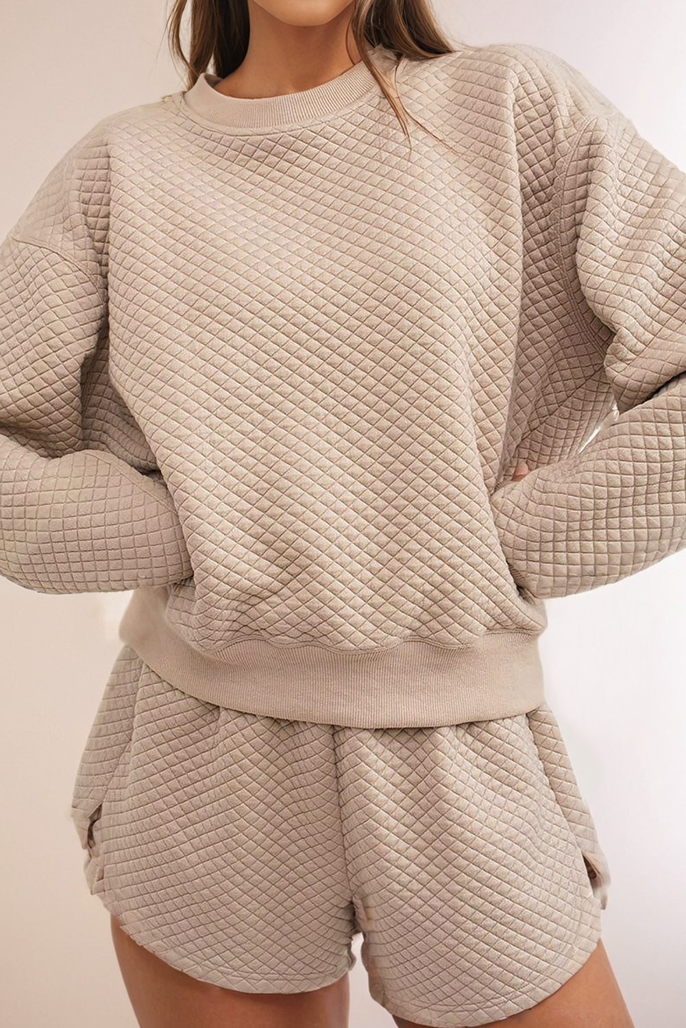 Quilted Long Sleeve Shorts Set in Beige