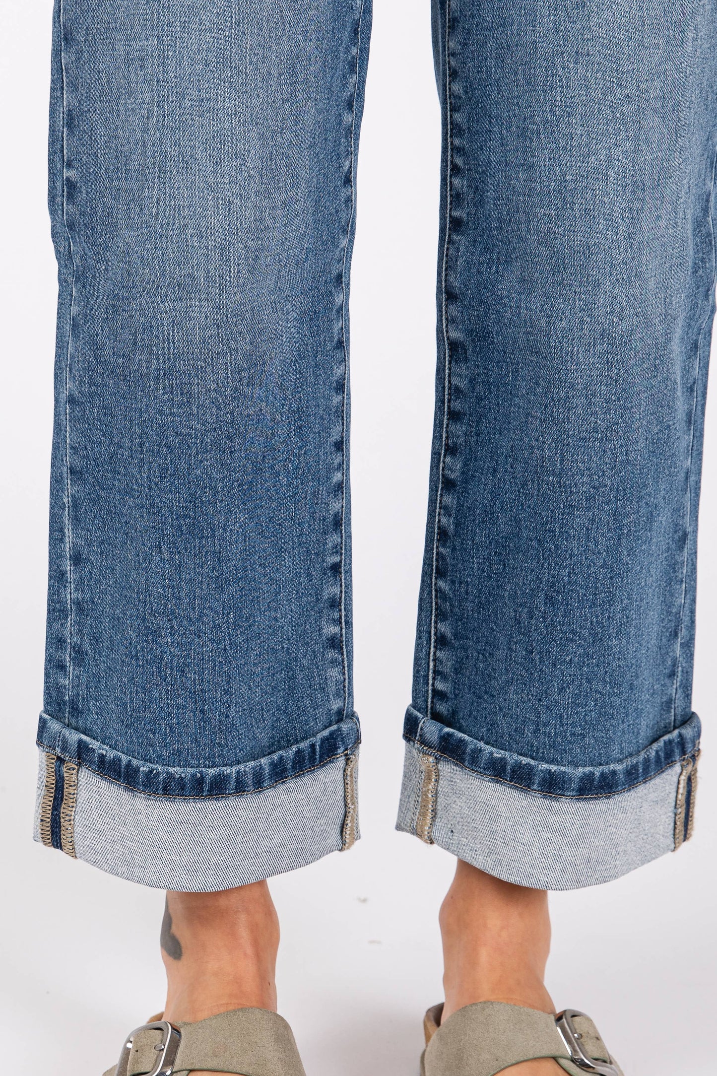 High Rise Stretch Relaxed Straight Denim w/ Cuffed Hem